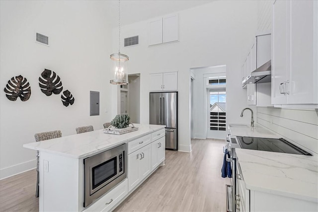 kitchen featuring range hood, visible vents, appliances with stainless steel finishes, a sink, and electric panel