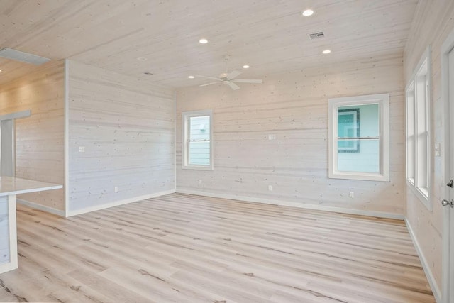 spare room with a wealth of natural light, ceiling fan, light hardwood / wood-style floors, and wood walls