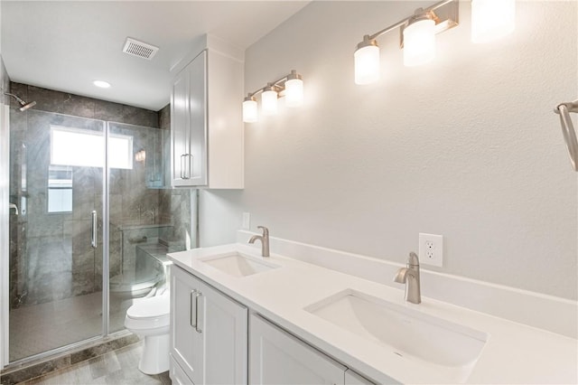 bathroom featuring vanity, a shower with shower door, and toilet