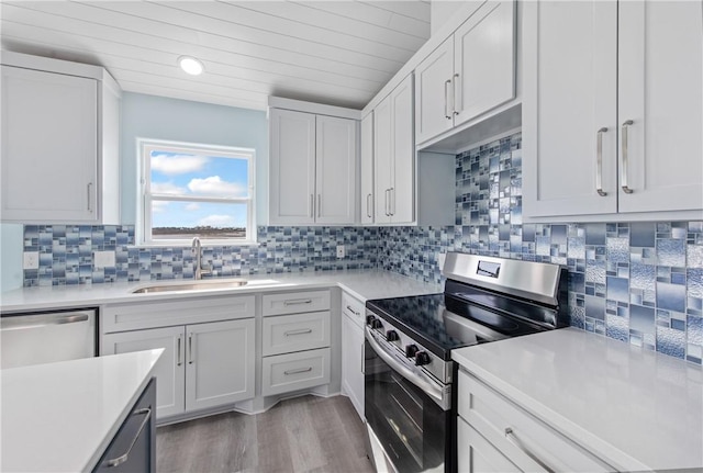 kitchen with stainless steel appliances, sink, decorative backsplash, and white cabinets