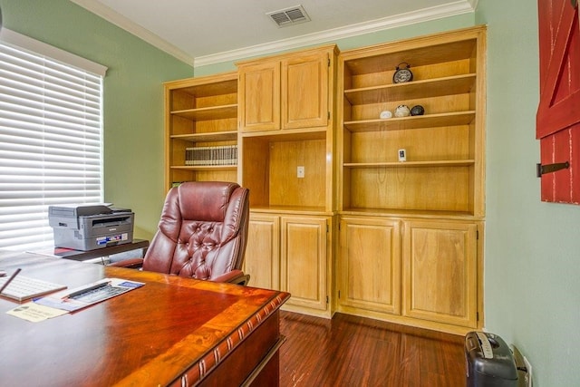 office area with dark wood-style floors, visible vents, and ornamental molding