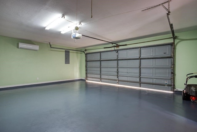 garage featuring a garage door opener, an AC wall unit, electric panel, and baseboards