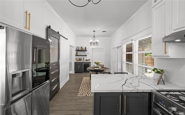 kitchen with white cabinets, appliances with stainless steel finishes, a barn door, and dark wood-type flooring