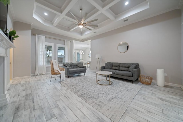 living area with light wood-type flooring, coffered ceiling, crown molding, and visible vents