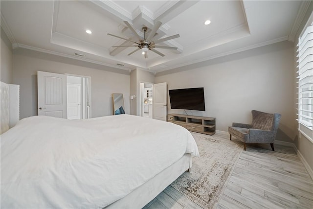 bedroom featuring light wood-type flooring, crown molding, baseboards, and recessed lighting