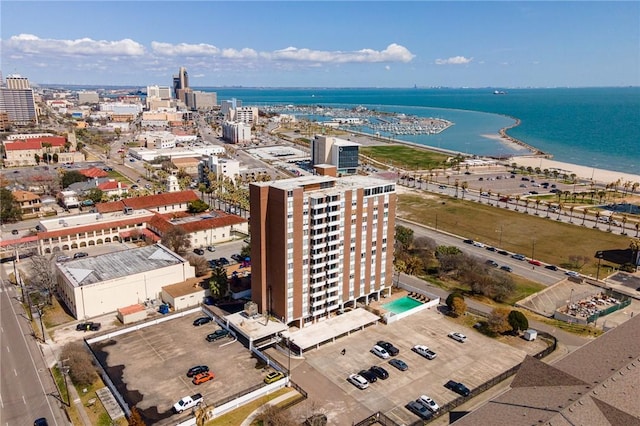 aerial view with a water view and a city view