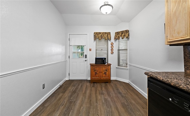 interior space featuring dark hardwood / wood-style flooring and lofted ceiling