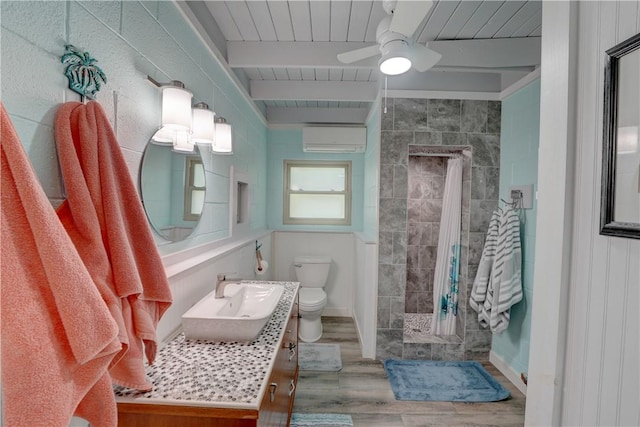 bathroom featuring a shower with curtain, beam ceiling, a wall unit AC, and hardwood / wood-style flooring