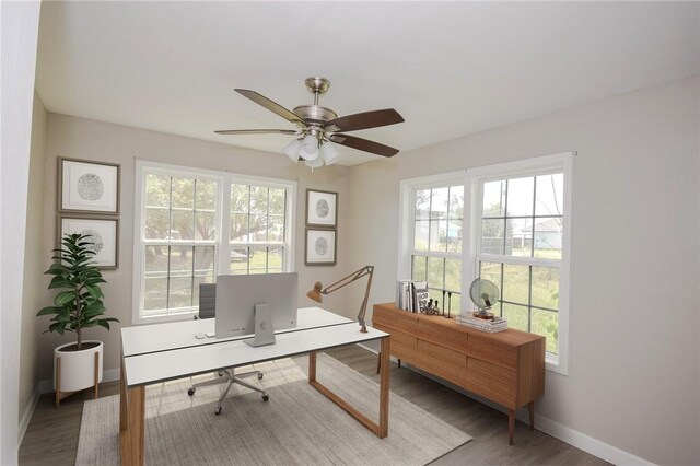 105 E Cornwall St, Rockport, TX 78382 - home office featuring wood finished floors, a ceiling fan, and baseboards