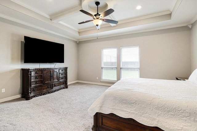 bedroom featuring ceiling fan, light colored carpet, crown molding, baseboards, and recessed lighting