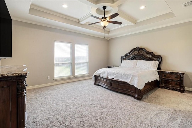 bedroom featuring visible vents, ornamental molding, coffered ceiling, and light carpet