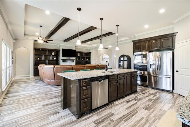 kitchen featuring a ceiling fan, light wood-type flooring, dark brown cabinets, a sink, and stainless steel appliances