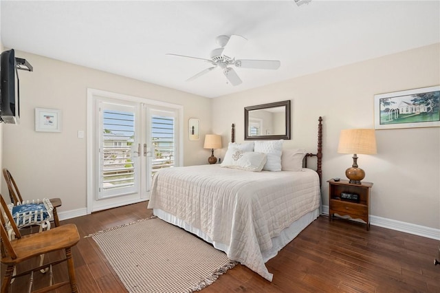 bedroom featuring access to exterior, baseboards, french doors, wood finished floors, and a ceiling fan