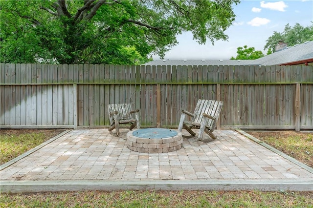 view of patio / terrace featuring a fire pit and a fenced backyard