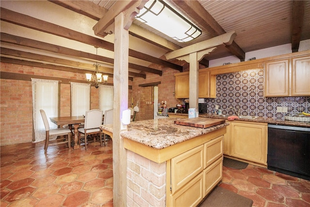 kitchen featuring backsplash, beam ceiling, light brown cabinets, an inviting chandelier, and dishwasher