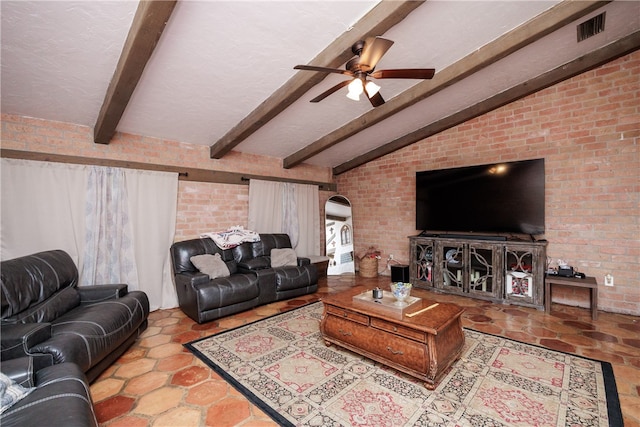 living room with brick wall, beamed ceiling, and ceiling fan