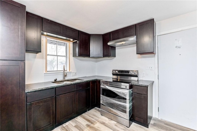 kitchen with electric stove, light wood-type flooring, sink, and dark brown cabinetry