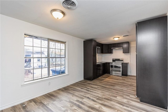 kitchen with sink, light hardwood / wood-style flooring, dark brown cabinets, and stainless steel range with electric stovetop