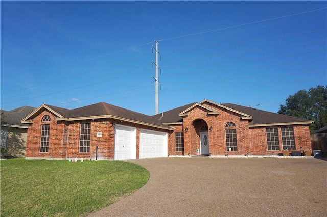 6834 Boardwalk Ave, Corpus Christi, TX 78414 - ranch-style house with driveway, a front lawn, an attached garage, and brick siding
