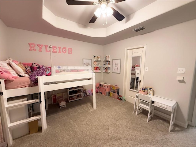 6834 Boardwalk Ave, Corpus Christi, TX 78414 - carpeted bedroom with a raised ceiling, ceiling fan, and visible vents
