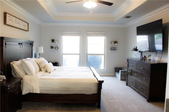 6834 Boardwalk Ave, Corpus Christi, TX 78414 - bedroom featuring crown molding, light colored carpet, visible vents, and a raised ceiling