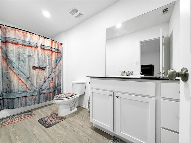 bathroom with vanity, toilet, and wood-type flooring