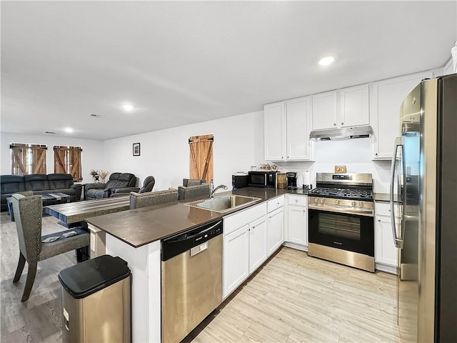 3221 Wrangler St, Corpus Christi, TX 78410 - kitchen with appliances with stainless steel finishes, under cabinet range hood, dark countertops, open floor plan, and recessed lighting