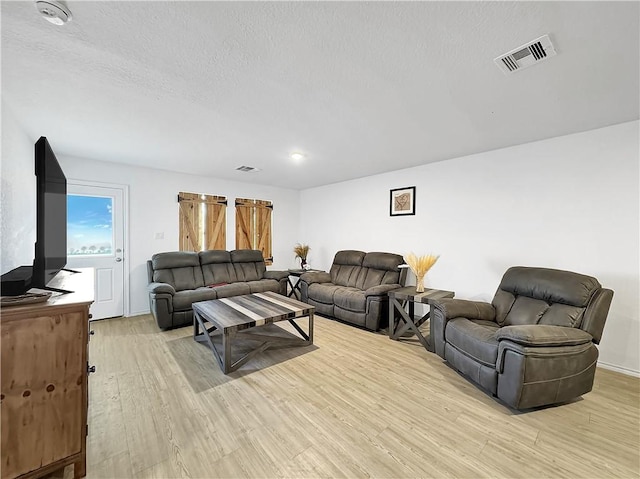 living room featuring light hardwood / wood-style floors and a textured ceiling