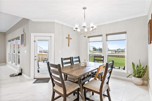 dining room with an inviting chandelier and ornamental molding