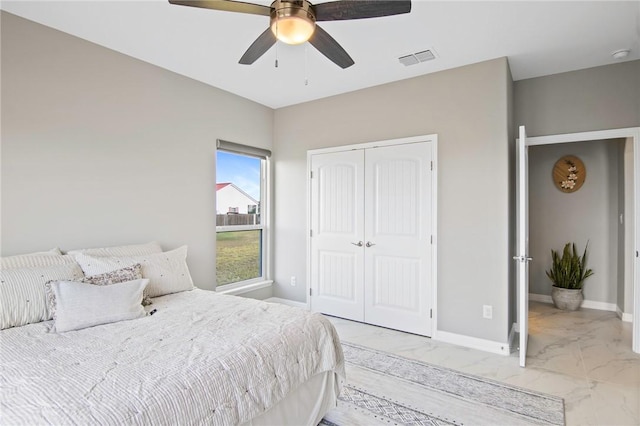 bedroom featuring a closet and ceiling fan