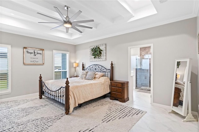 bedroom with connected bathroom, multiple windows, ceiling fan, and ornamental molding