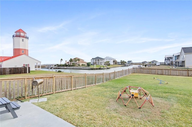 view of yard with a water view