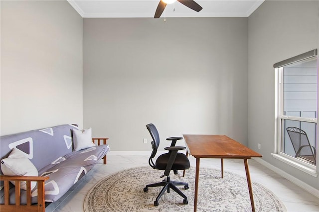 home office with ceiling fan and ornamental molding