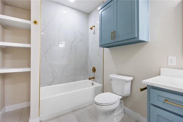 full bathroom with tile patterned flooring, baseboards, toilet, shower / bathtub combination, and vanity