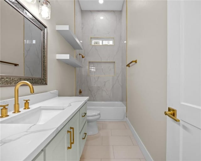 full bathroom with tile patterned flooring, baseboards, shower / washtub combination, toilet, and vanity