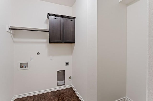 laundry area with baseboards, gas dryer hookup, electric dryer hookup, washer hookup, and dark wood-type flooring