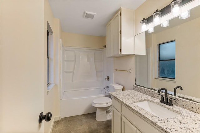 full bathroom with vanity, bathtub / shower combination, and toilet