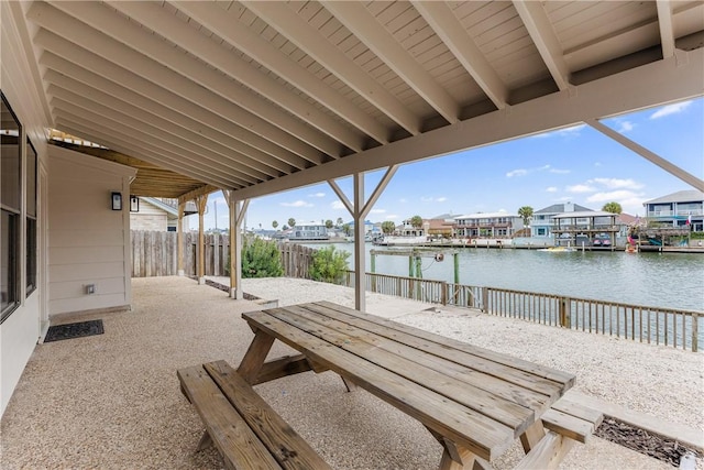 view of patio / terrace with a water view and a fenced backyard