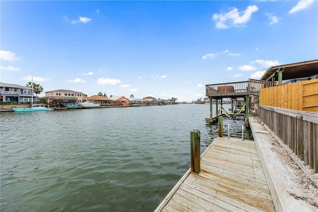 view of dock with a water view and a residential view