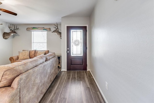 109 Misty Ln, Aransas Pass, TX 78336 - entrance foyer featuring dark wood-style floors, ceiling fan, and baseboards