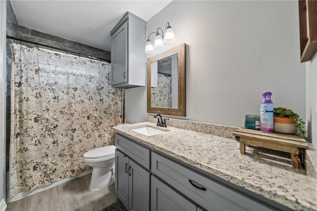 bathroom featuring toilet, curtained shower, wood finished floors, and vanity