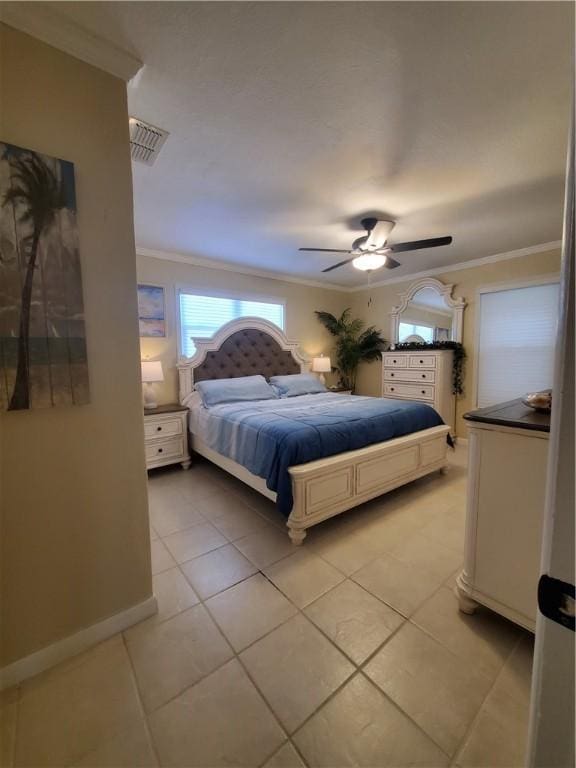 5701 Glen Arbor Dr, Corpus Christi, TX 78412 - bedroom featuring crown molding, light tile patterned floors, a ceiling fan, and baseboards