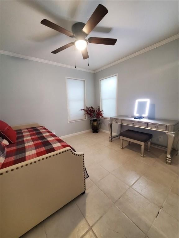 5701 Glen Arbor Dr, Corpus Christi, TX 78412 - bedroom with crown molding, light tile patterned floors, baseboards, and ceiling fan