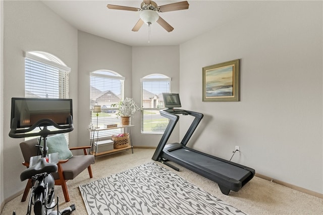 8130 Resplandor St, Corpus Christi, TX 78414 - workout area featuring carpet, baseboards, and ceiling fan