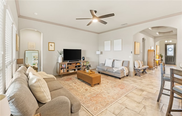 8130 Resplandor St, Corpus Christi, TX 78414 - living area featuring arched walkways, ceiling fan, and ornamental molding