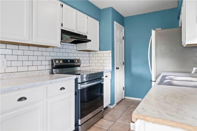 2809 Vancouver Dr, Corpus Christi, TX 78414 - kitchen featuring stainless steel electric range, under cabinet range hood, light countertops, backsplash, and white cabinetry