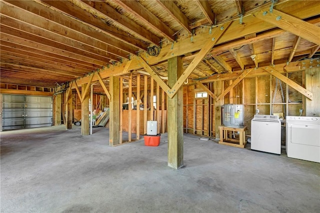 interior space featuring concrete flooring, independent washer and dryer, and electric water heater