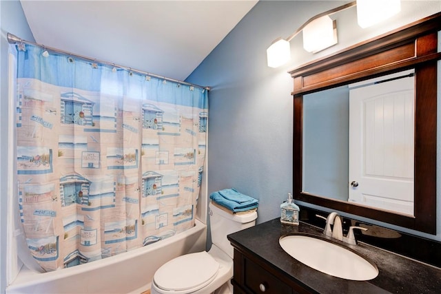 full bathroom featuring vaulted ceiling, vanity, shower / bath combo, and toilet