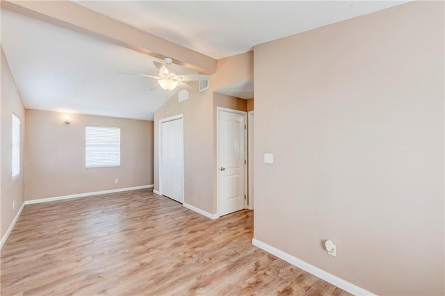 spare room featuring lofted ceiling with beams, ceiling fan, and light hardwood / wood-style floors