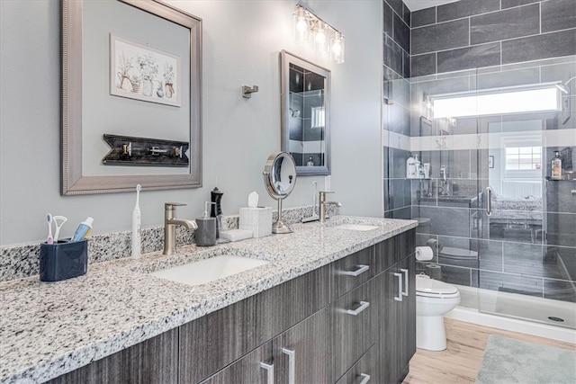 bathroom featuring a stall shower, a sink, toilet, and double vanity